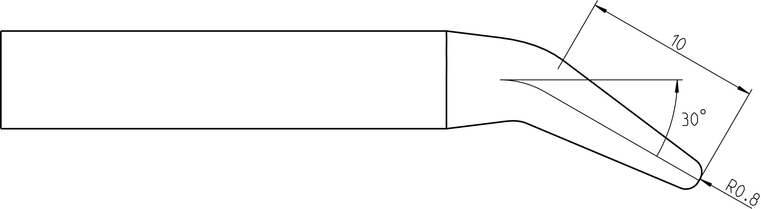Technical drawing of a chamfered rod. Dimensions: Length of chamfer 10 mm, angle 30 degrees, radius 0.8 mm.