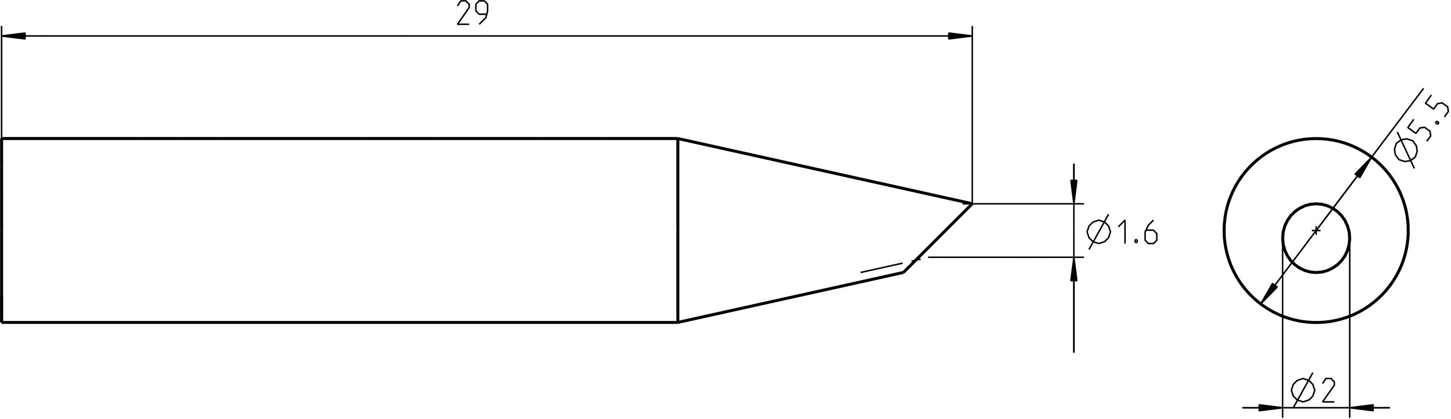 Technical drawing of a workpiece: Side view shows length 29 mm; Point angle; Diameter 1.6 mm; Top view diameter 5.5 mm.