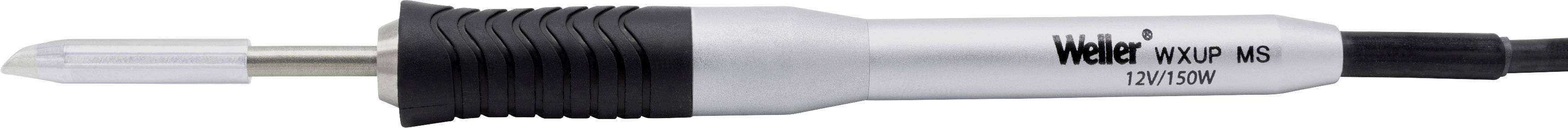 Soldering iron with black handle and silver tip, brand 'Weller', 12V, 15W. Used for soldering electronic components.