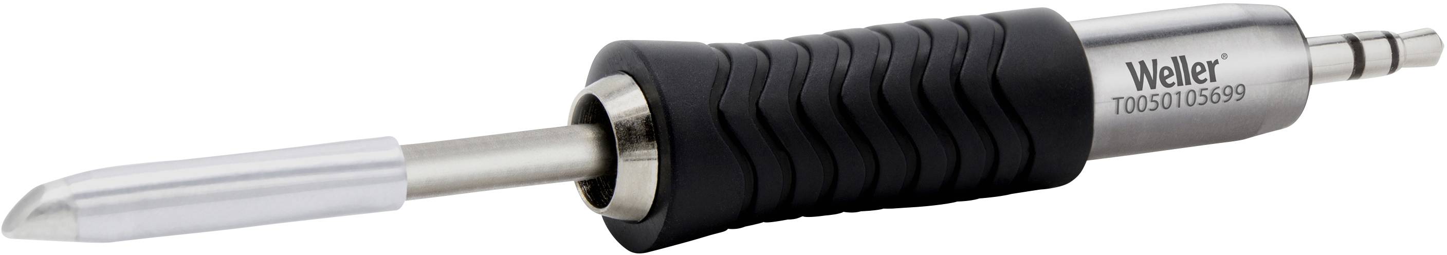 A soldering iron with a black handle and silver tip, labelled with 'Weller'.