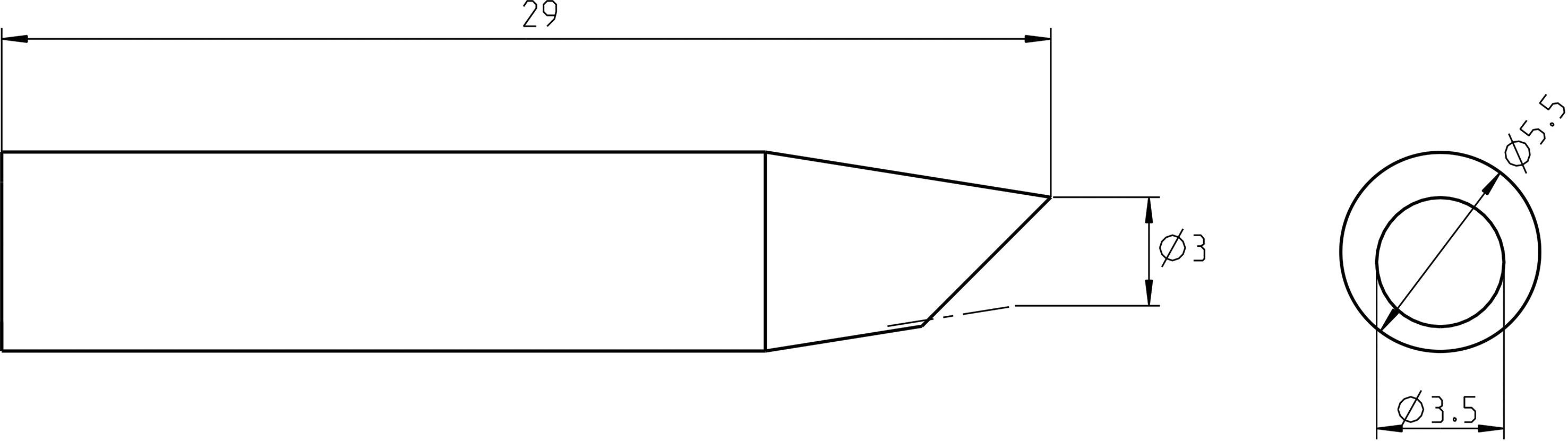 Technical drawing of a cylindrical pin with a conical end; length 29 mm, diameter 5.5 mm, tip 3 mm.