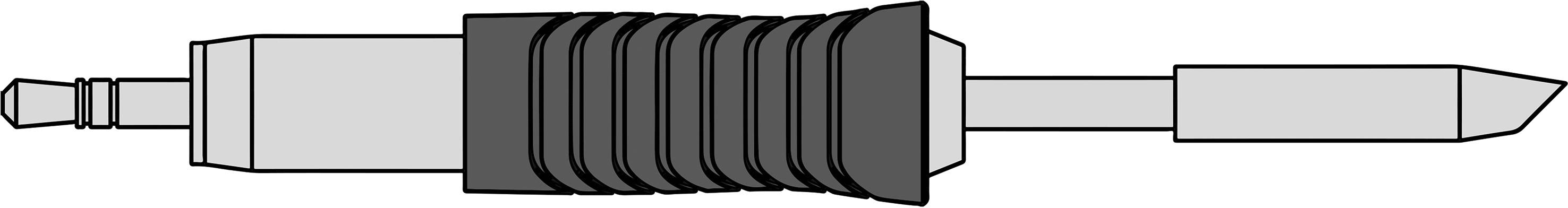 Black and white graphic of a jack plug with a ridged central section, showing a typical audio connector.