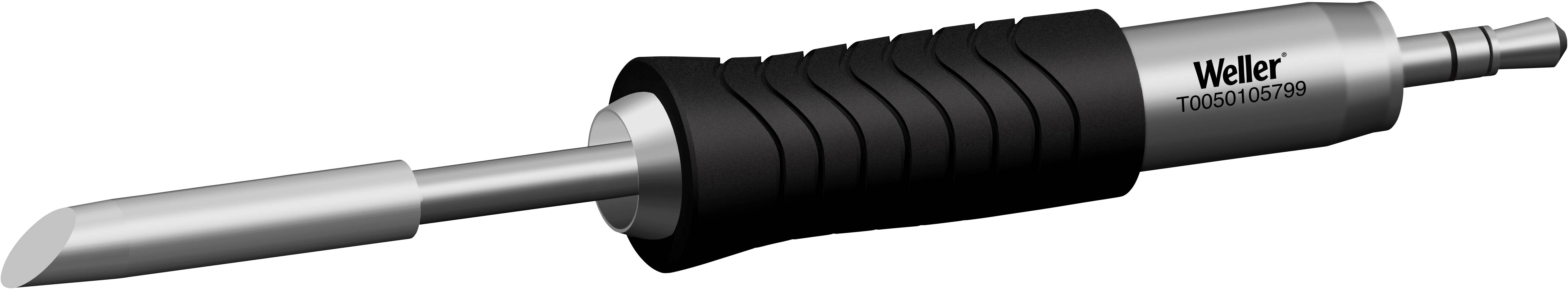Soldering iron with a black, ribbed handle and silver metal tip, 'Weller' brand name printed on the handle.