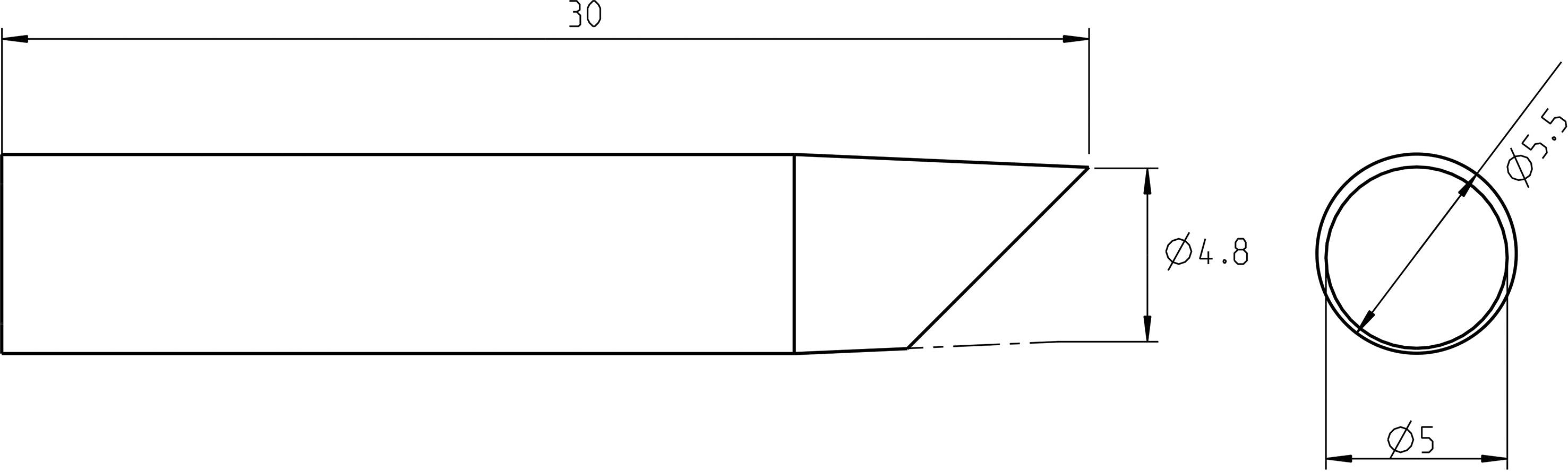 Technical drawing of a cylindrical workpiece with a conical tip, length dimensions: 30 mm, diameter: 4.8 mm, tip: 5.5 mm.