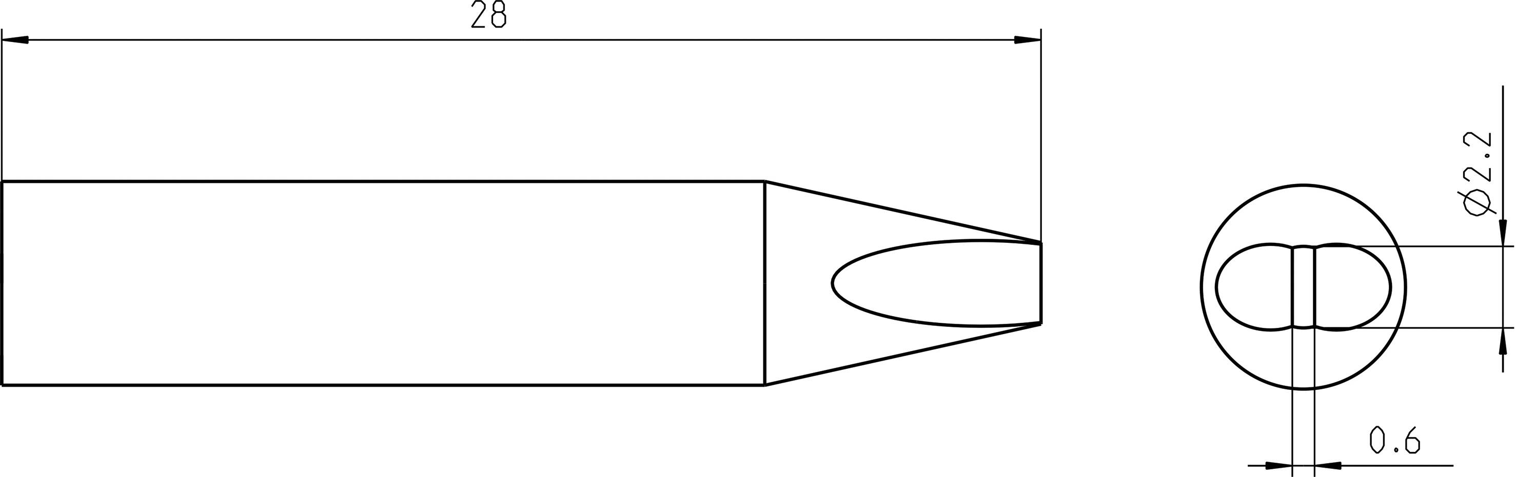 Technical drawing of a cylindrical object 28 mm long with a tip. Cross-section with a diameter of 2.2 mm and an oval opening of 0.6 mm.