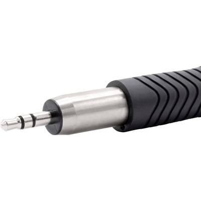 Silver 3.5 mm jack plug with black, ridged casing, typical of audio devices.