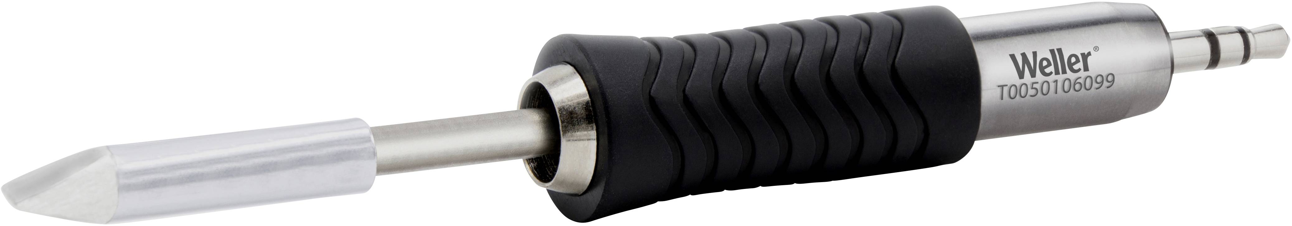 Soldering iron with a black, ribbed handle and metallic tip. Marked with 'Weller T0050100299' on the side.