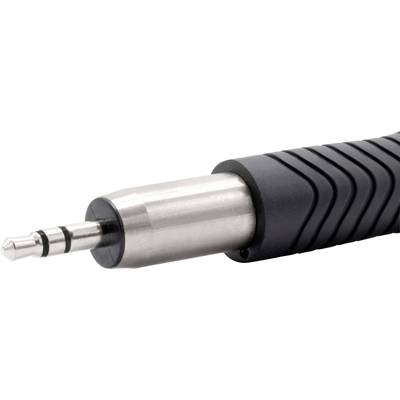 Close-up of an audio jack plug with a black, ridged grip and metallic end.
