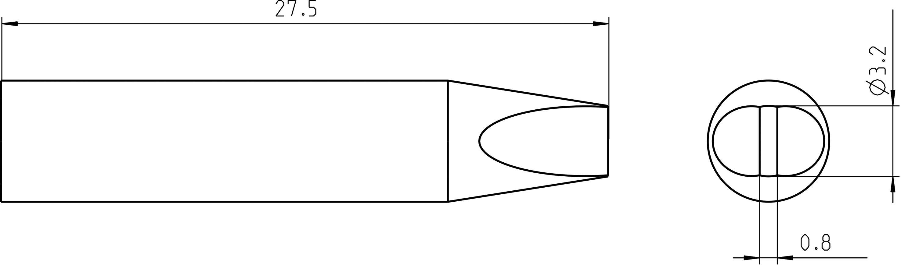 Technical drawing of a cylindrical pin with a conical tip. Total length 27.5 mm, diameter 3.2 mm, lateral cut-out 0.8 mm.