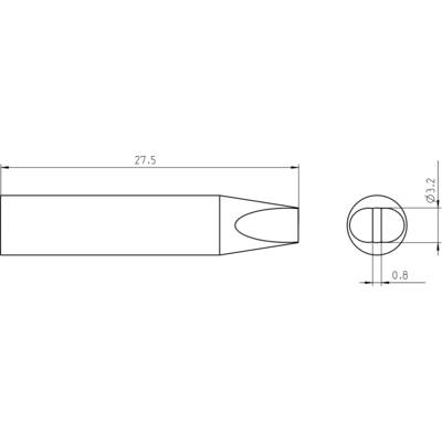 Technical drawing of a cylindrical pin with a conical tip. Total length 27.5 mm, diameter 3.2 mm, lateral cut-out 0.8 mm.