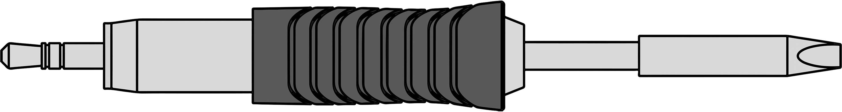 Black and grey jack plug, side view, showing metal connector tip and ridged grip sleeve.