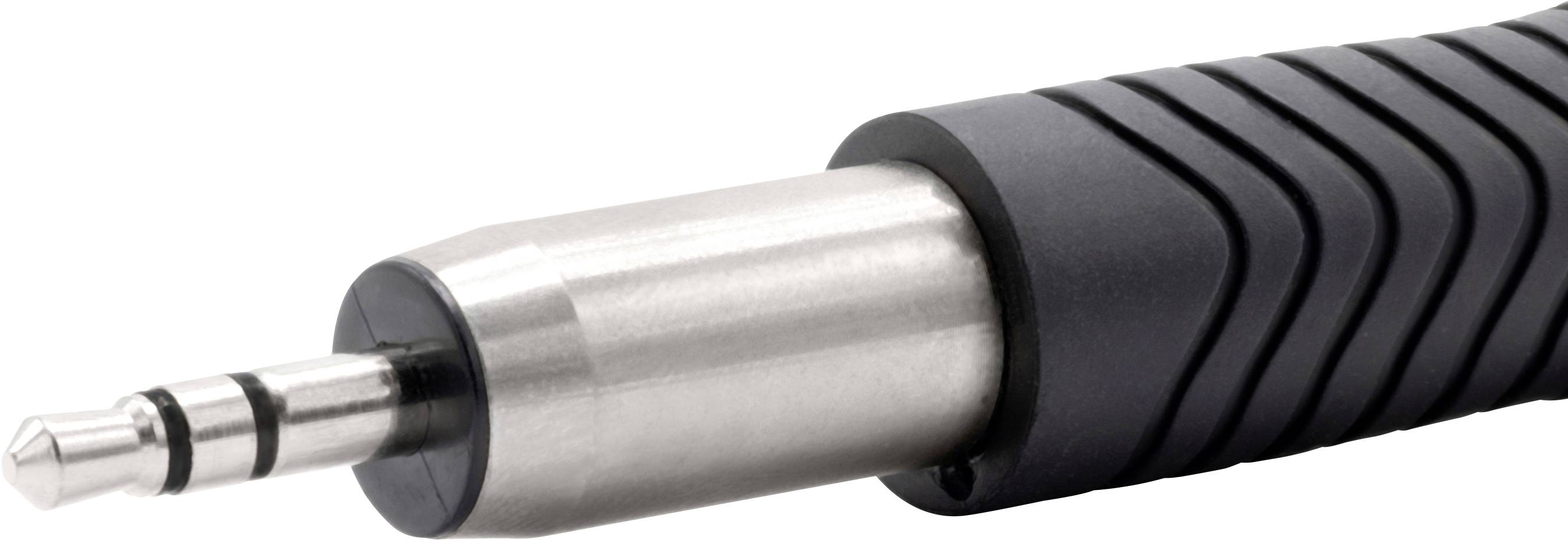 Audio jack plug with a black ribbed grip, suitable for audio connections.