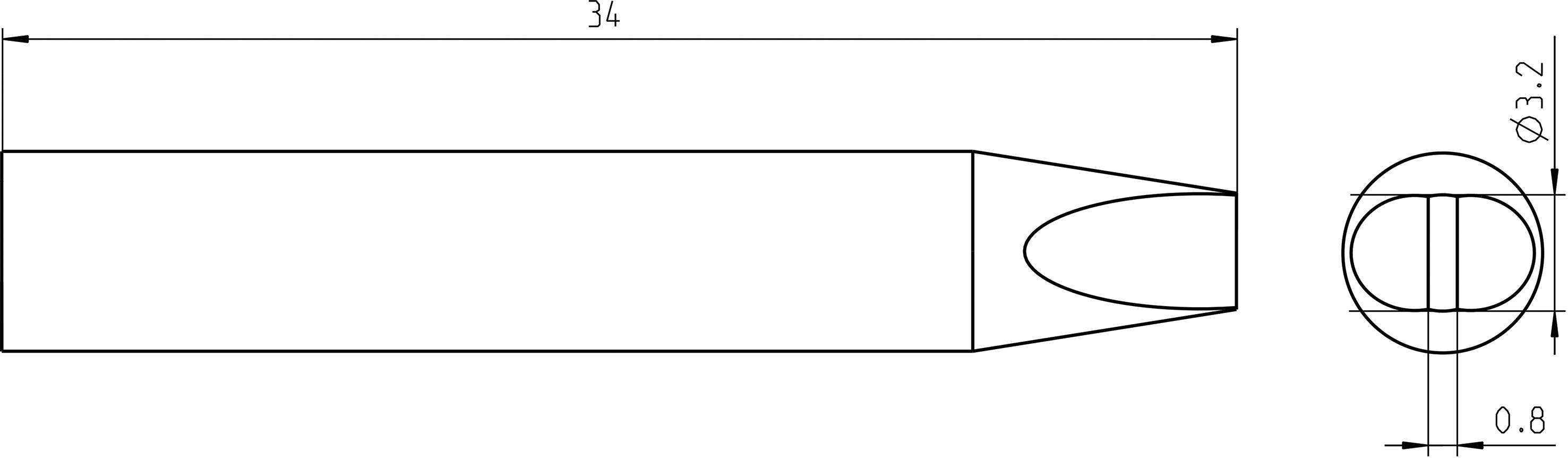 Technical drawing of a component with length (34) and diameter specifications (Ø3.2); cylindrical form with a pointed end.