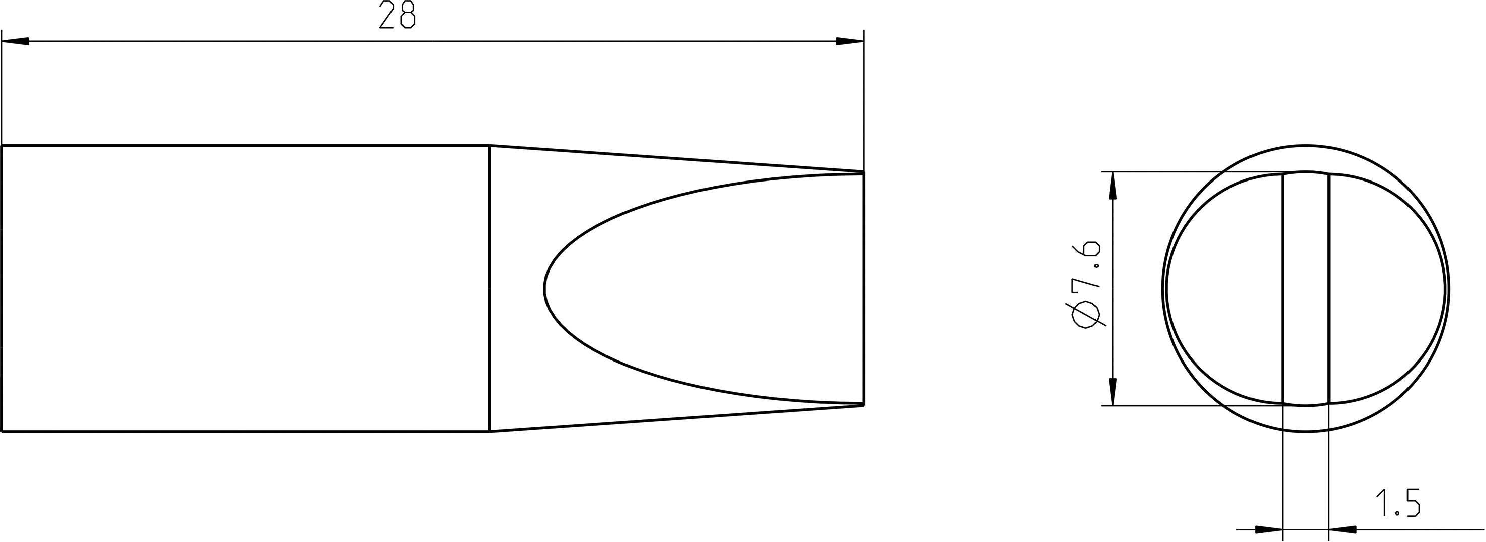 Technical drawing of a cylindrical object with a conical tip. Dimensions: Length 28, Diameter 7.6, Width 1.5.