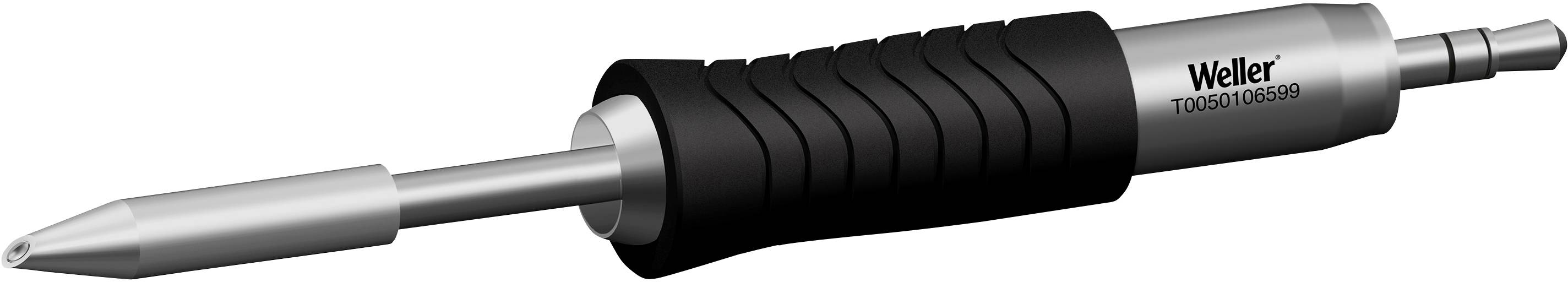 An electric soldering iron with a black and grey handle and silver tip, suitable for electronic repairs and soldering work.