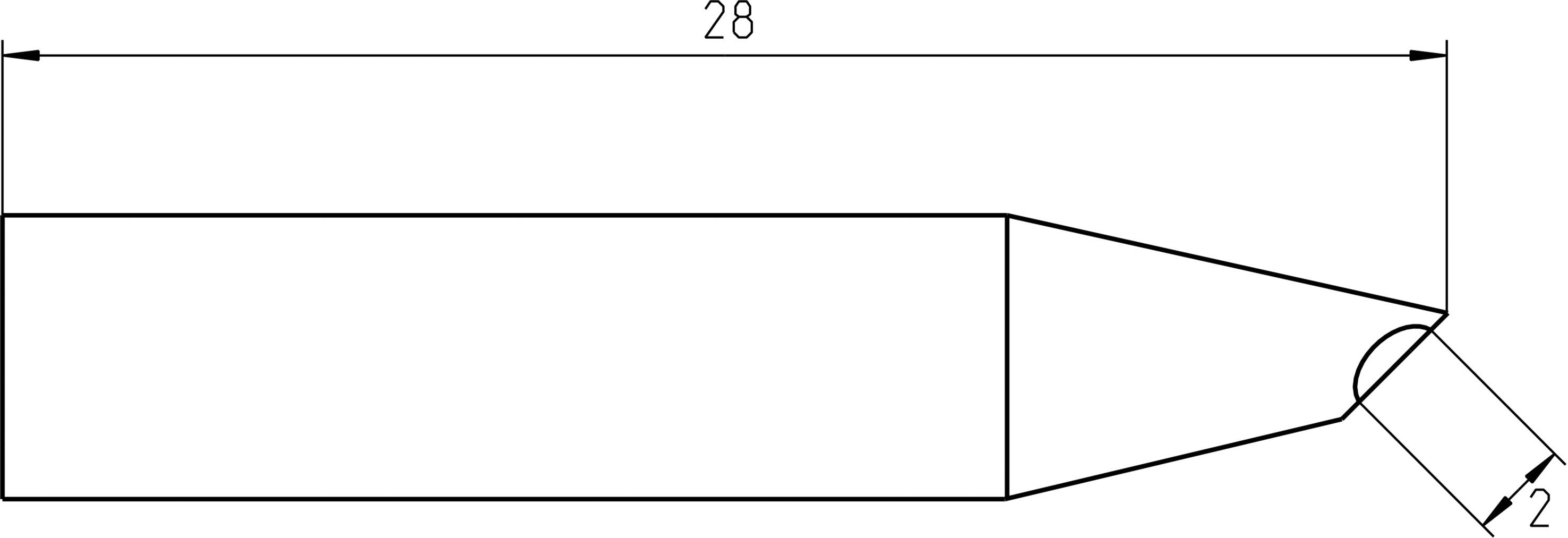 Technical drawing of an angled cylinder with dimensions of 28 length and 2 width, shown perspectively from the side.