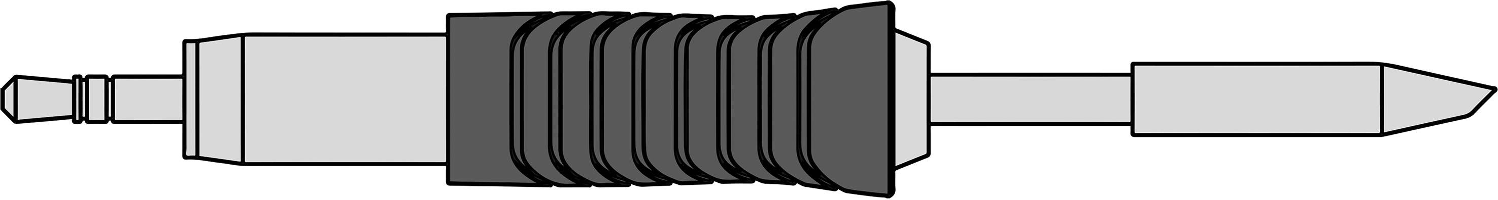 An illustration shows different sizes of audio jack plugs; from left to right: 2.5 mm, 3.5 mm and 6.35 mm.