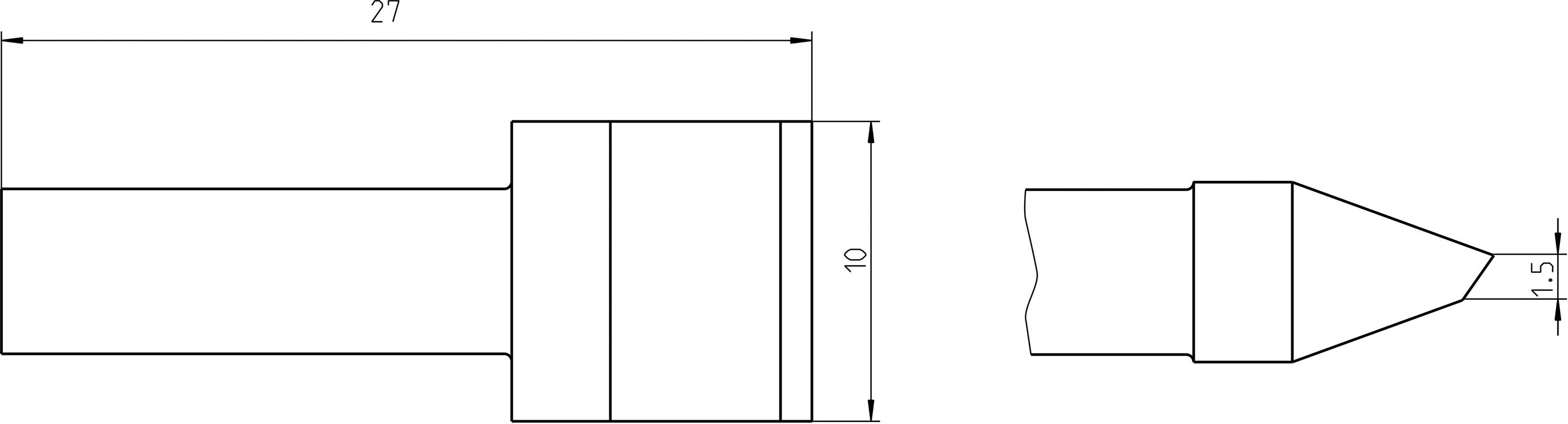 Technical drawing of a cylindrical object with dimensions: 27 mm length, 10 mm diameter, tip with 1.5 mm diameter.