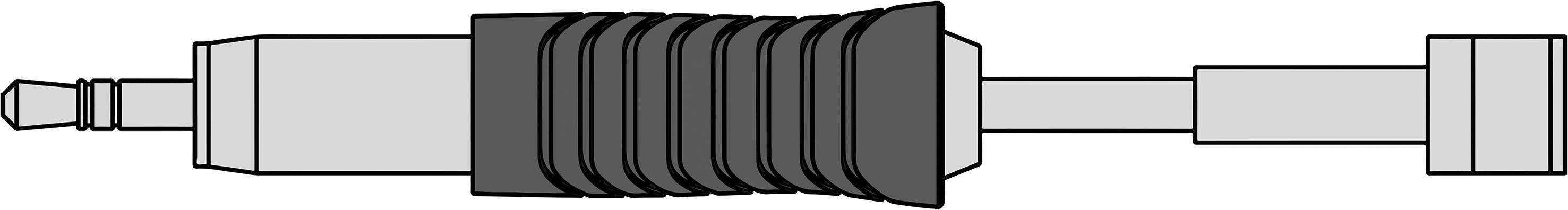 Illustration of a coaxial connector. The plug is on the left, the ribbed housing in the centre, and the connection cable on the right.