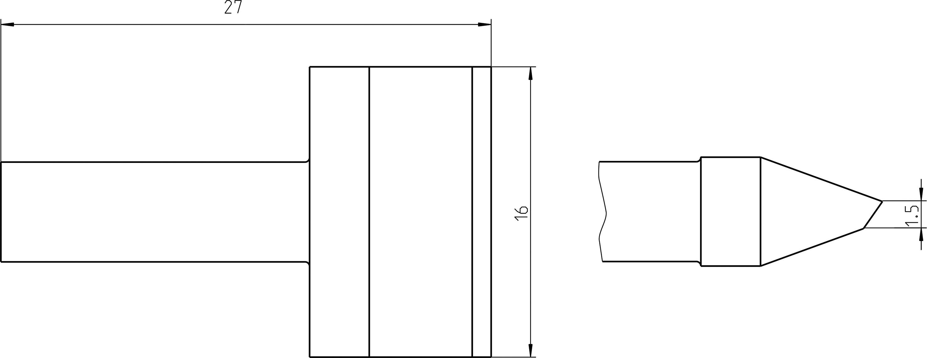 Technical drawing of a cylindrical object with a pointed end; dimensions: 27x16 mm and 1.5 mm tip.