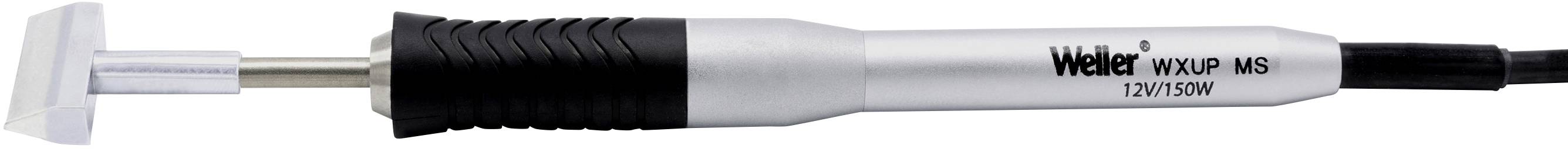 Soldering iron with a black handle and silver metal body, inscription 'Weller WXP MS' and specifications '12V/75W' visible.