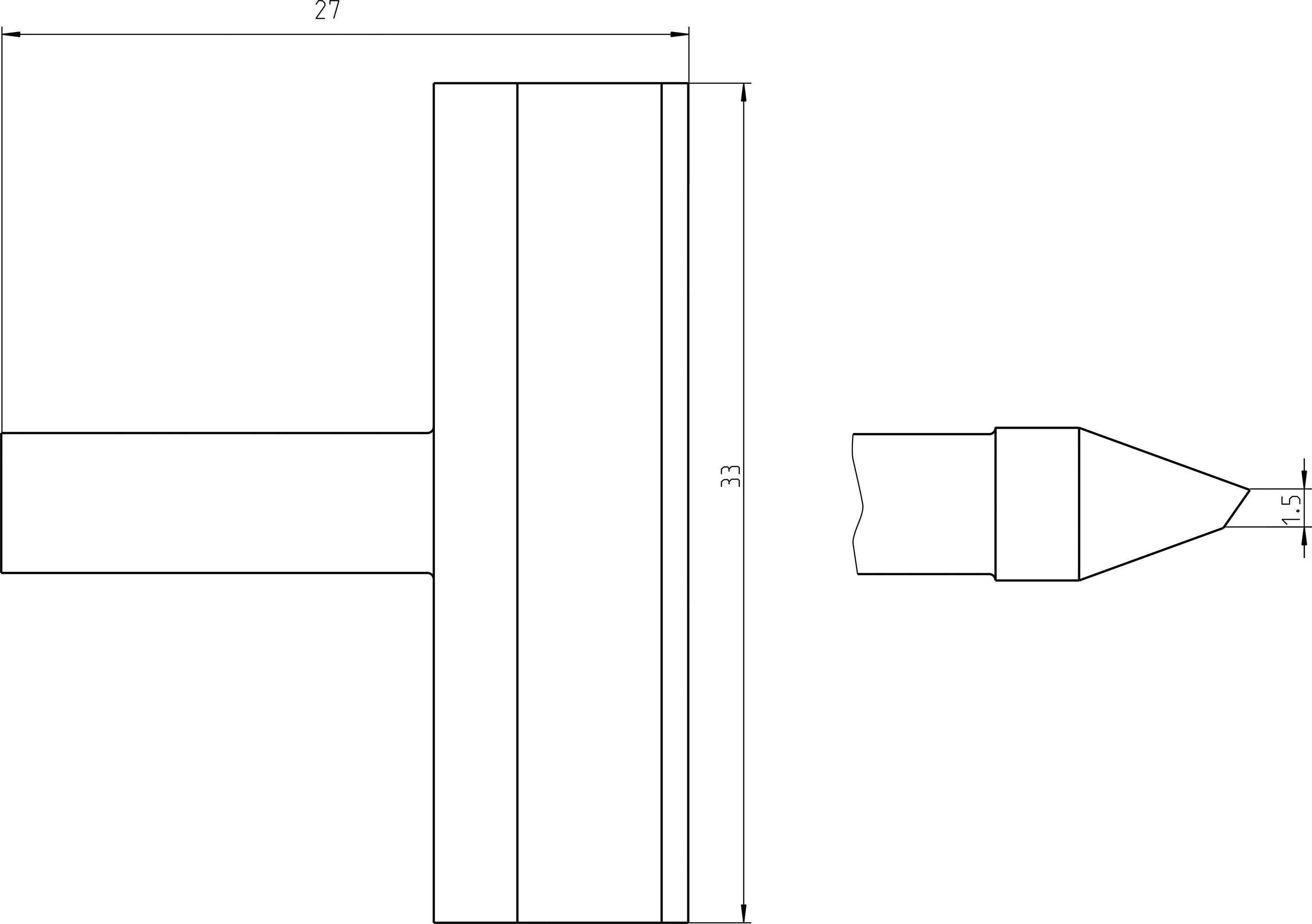 Technical drawing of a mechanical component with dimensions: 27 and 33 units on the left side, 14.5 units at the point on the right.