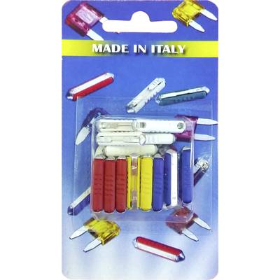 Packaging containing small replacement parts in red, blue, yellow and white for Swiss Army knife, printed with 'MADE IN ITALY'.