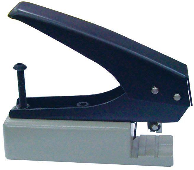 A black stapler with a grey base, placed on a neutral background. Suitable for stapling thick stacks of paper.