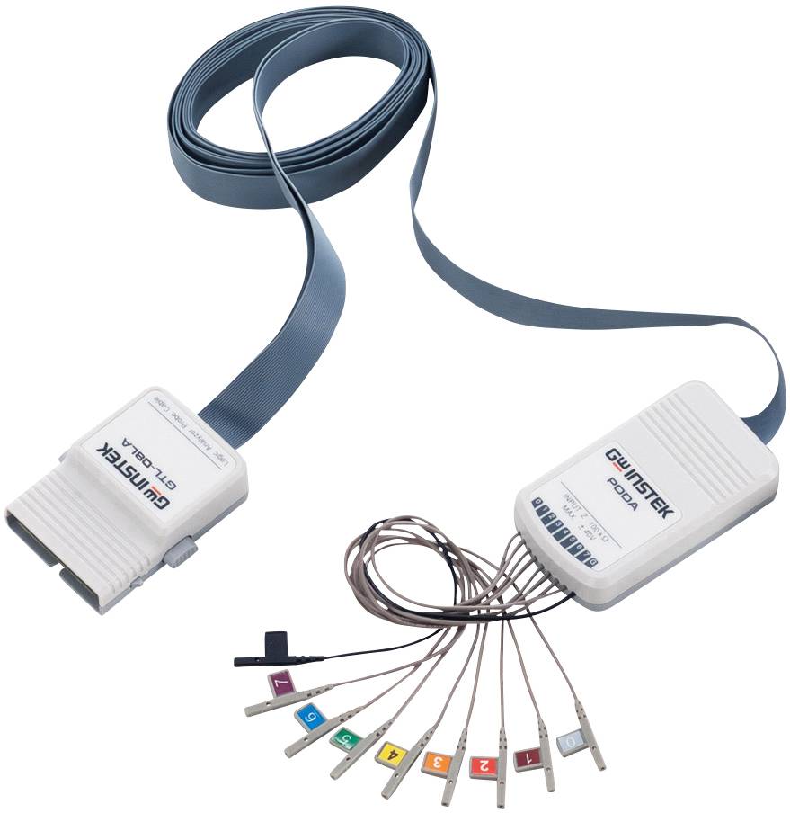 Data analyser device with flat ribbon cable and multiple colour-coded clips for electrical signal monitoring.