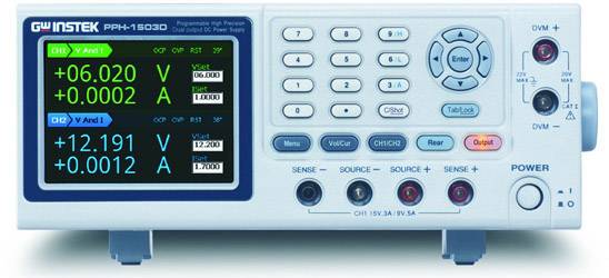 An electronic testing device with a digital display shows voltages and currents, with control elements and connections for measurement purposes.