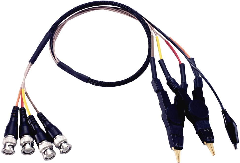 Four measurement leads with crocodile clips and BNC connectors for connecting electronic devices for measurements and tests.