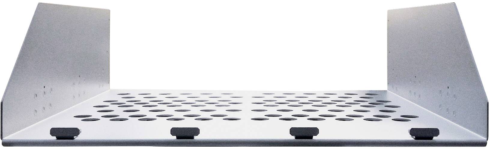 A perforated metal shelving unit with side support plates. Suitable for ventilation and storage of items.