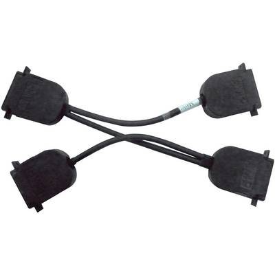 'A Y-cable with two black connectors each and a blue sticker in the middle, on a white surface.'