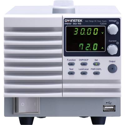 A digital laboratory power supply displays a voltage of 30.00 V and a current of 72.0 A on its display. Various control buttons are visible.