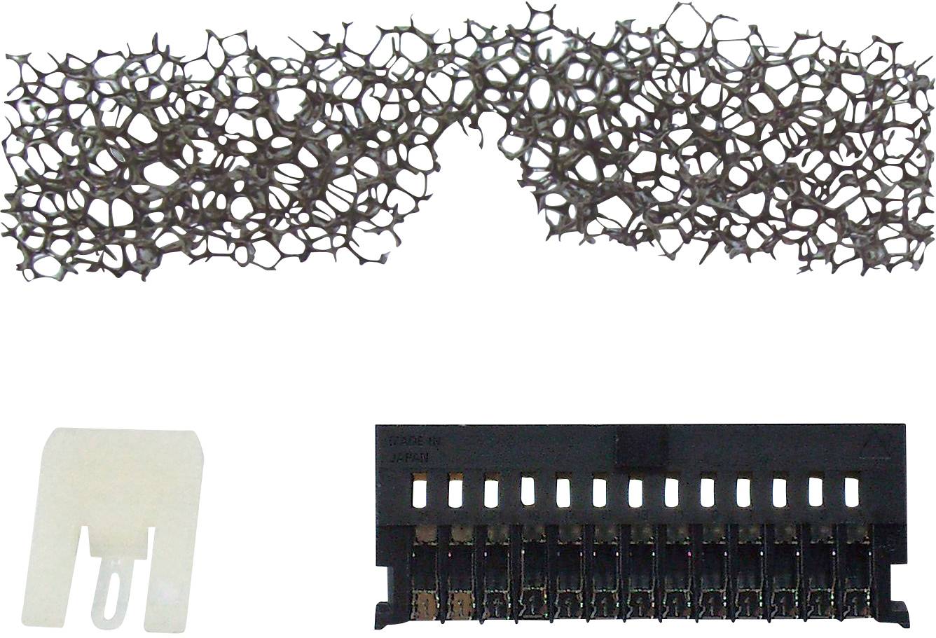 At the top: metallic mesh with irregular holes. Bottom left: transparent plastic part. Bottom right: black connector.