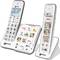 Two cordless telephones with large buttons. One shows incoming calls and has photo buttons, the other has an SOS button and picture contacts.