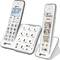 Cordless telephone with large buttons, SOS button, and photo speed-dial buttons for easy operation, placed on charging station.