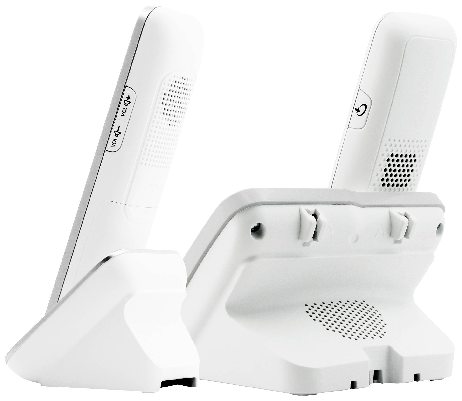 Two white cordless phones in their charging station, positioned back to back. They display their rear side with speaker grilles.