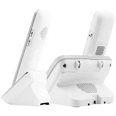 Two white cordless phones in their charging station, positioned back to back. They display their rear side with speaker grilles.