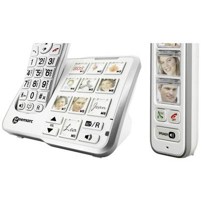 Cordless telephone with large buttons and six photo buttons for quick access to stored contacts, suitable for seniors.