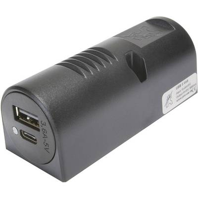 Black USB and Micro-USB charging adapter with an illustration of a hammer and an axe. Inscription shows 'USB 5 Volt, Output 5V 3.6A 5V'.
