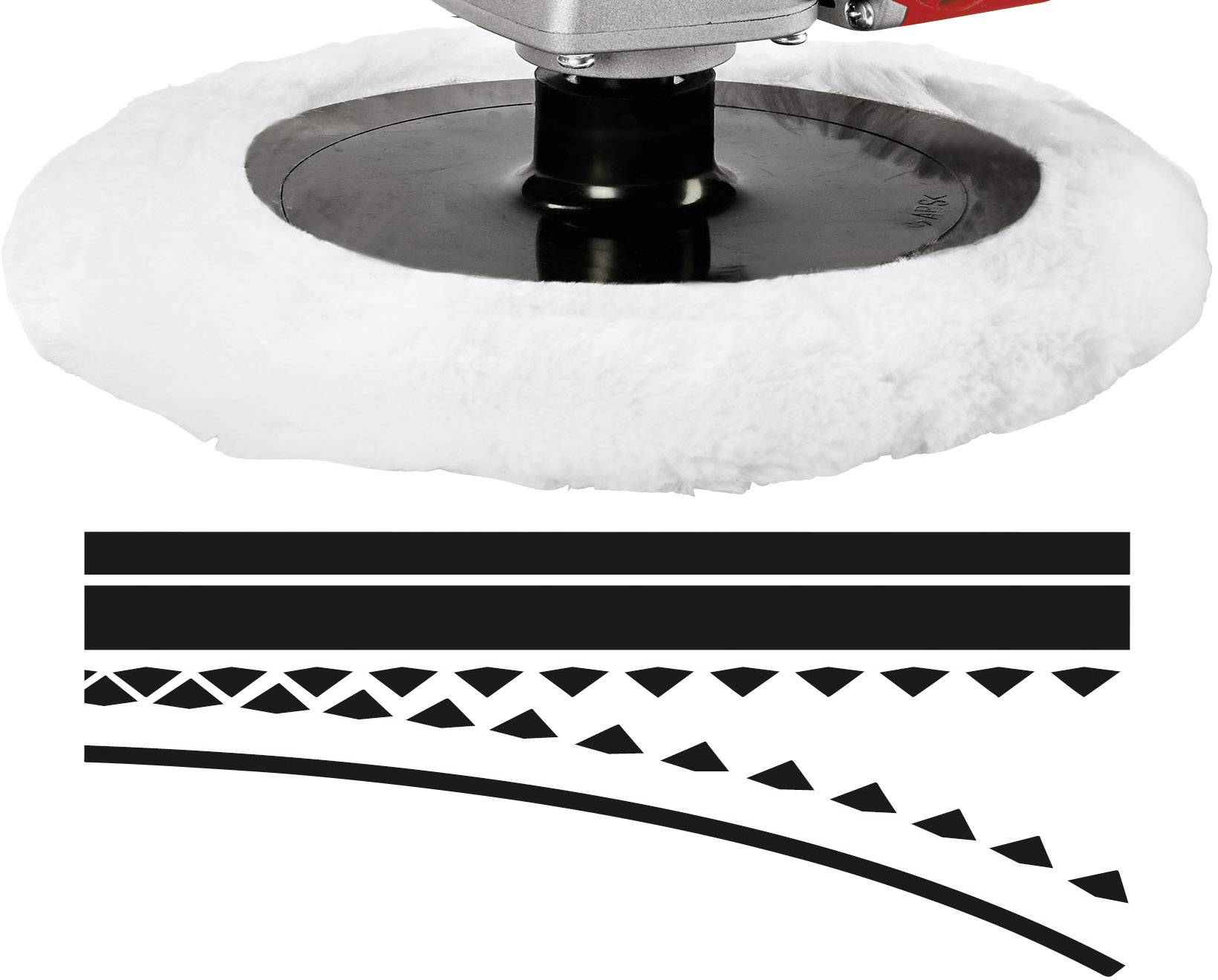 A polisher with a soft white pad. Beneath are illustrations of differently structured lines representing various abrasion grades.