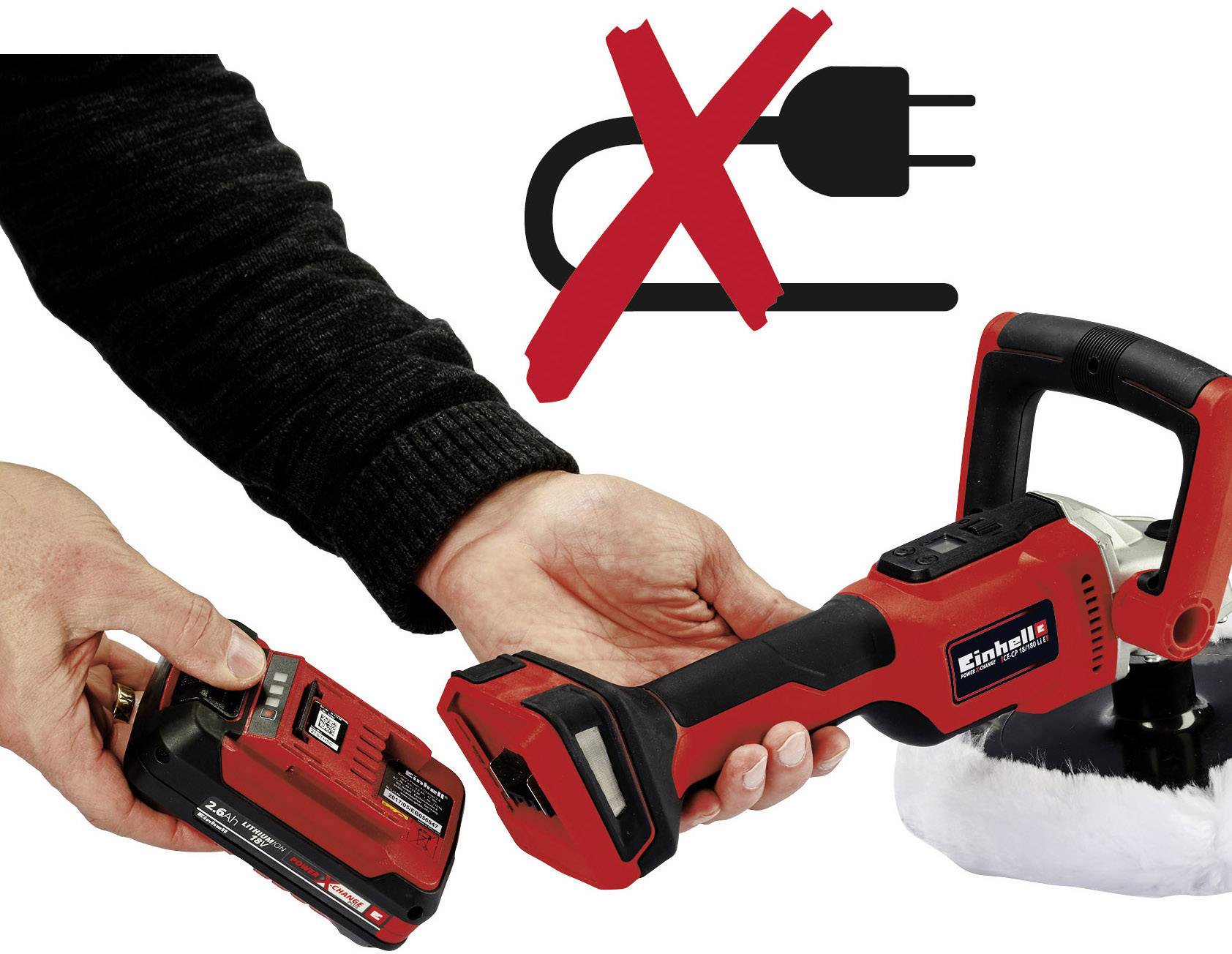 A person is holding a cordless polishing machine and battery. In the background, there is a crossed-out cable symbol.