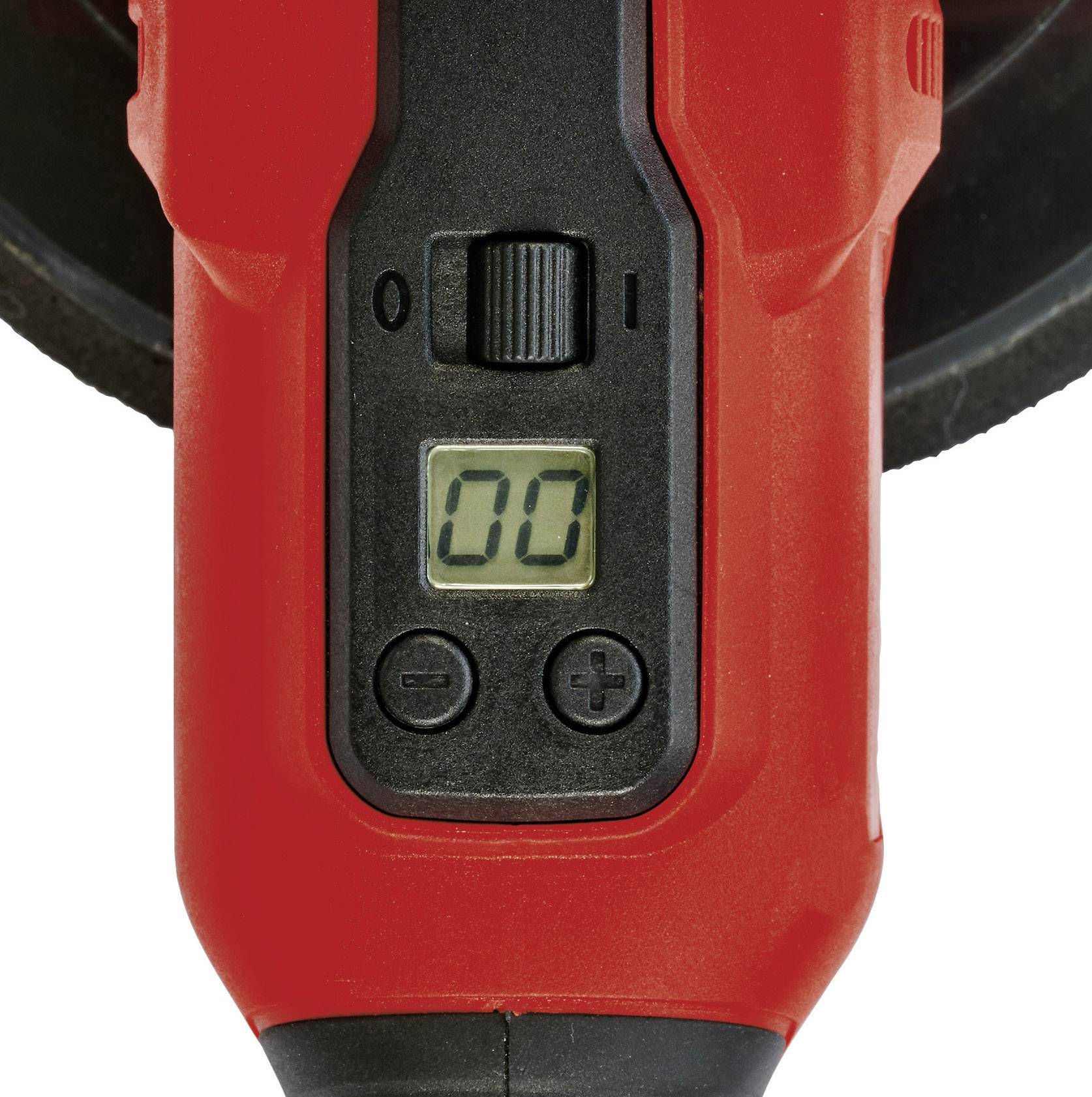 Close-up of a red digital display on a tool, showing '00', with two setting buttons and a rotary dial.