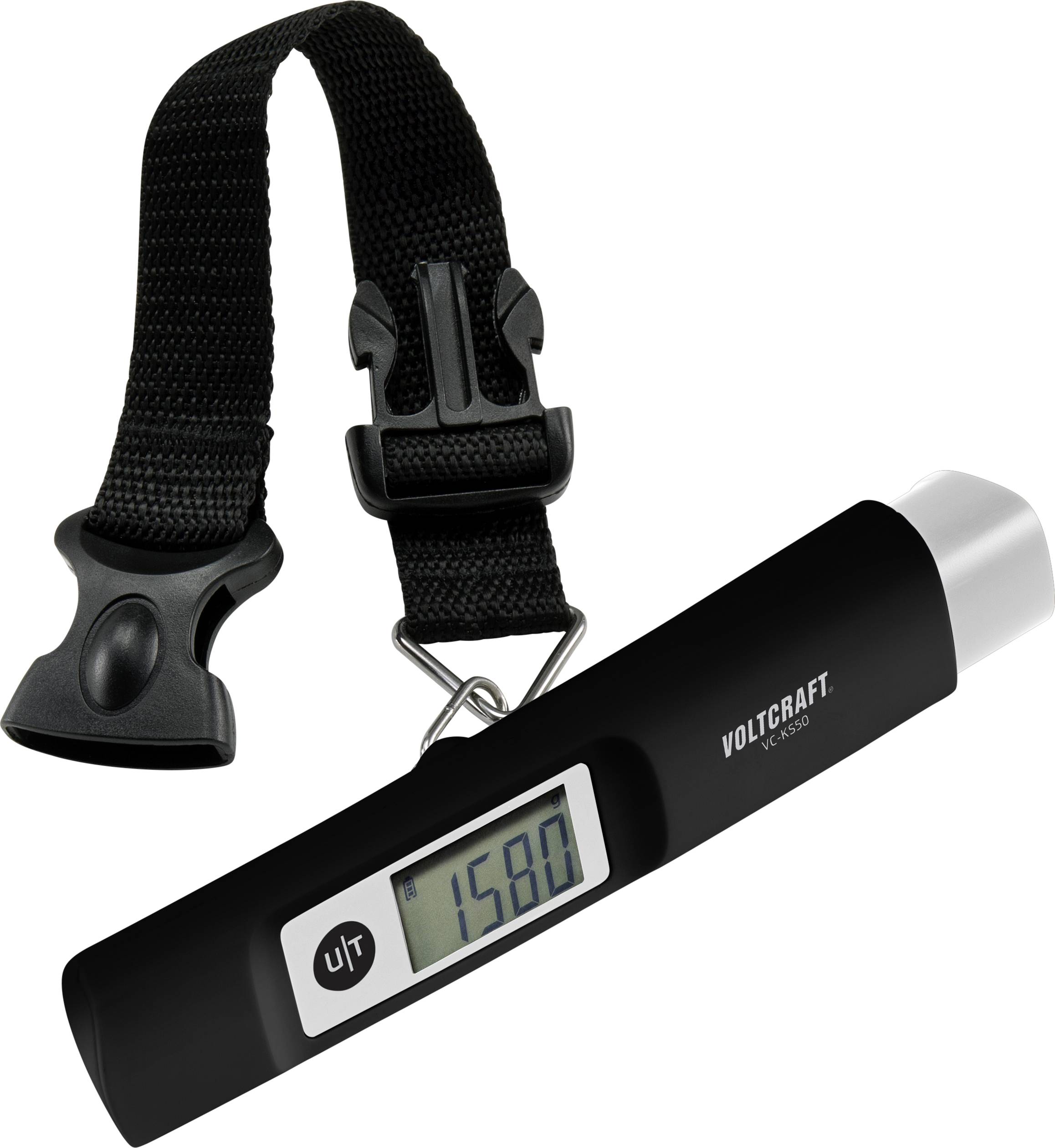 Electronic luggage scales with digital display showing '1580g'. Black casing, with removable strap and buckle.