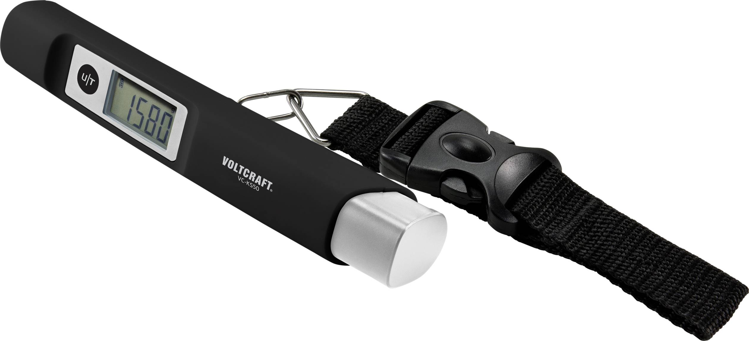 Electronic luggage scales with digital display showing '1580g'. Black strap with buckle for attaching to luggage.