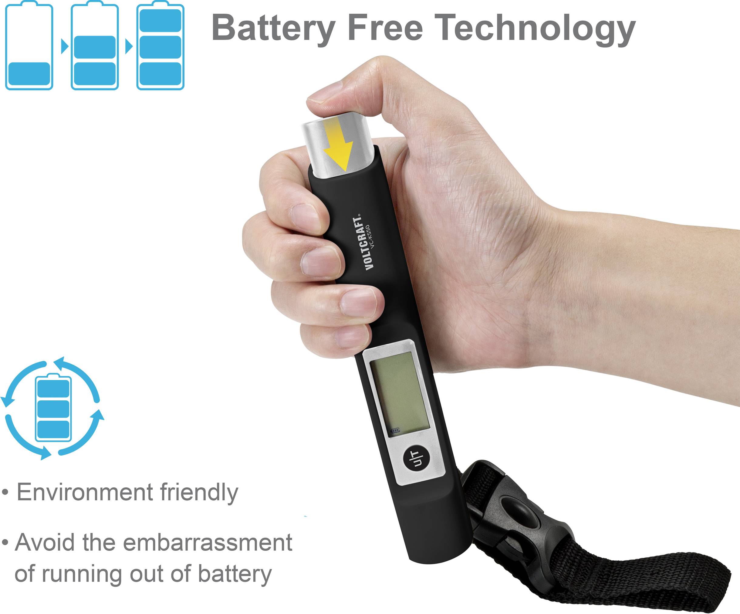 'Hand holds a battery-free black and grey device with a display and strap. Environmentally friendly, no battery changes required.'