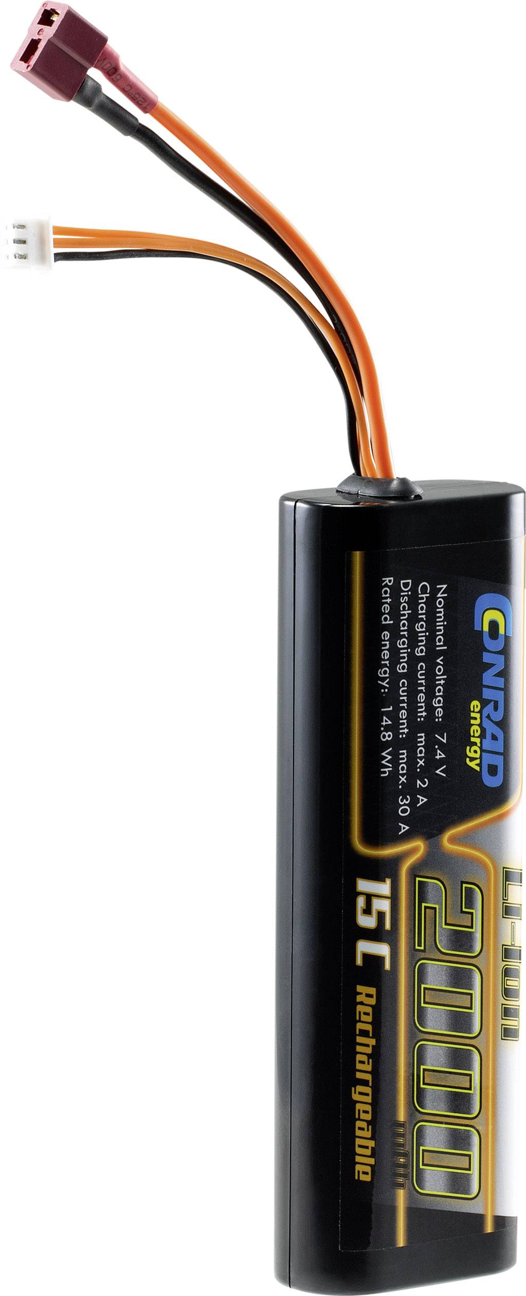 A cylindrical, rechargeable battery with the inscription '2000 mAh' and 'Conrad Energy', with two cables protruding.