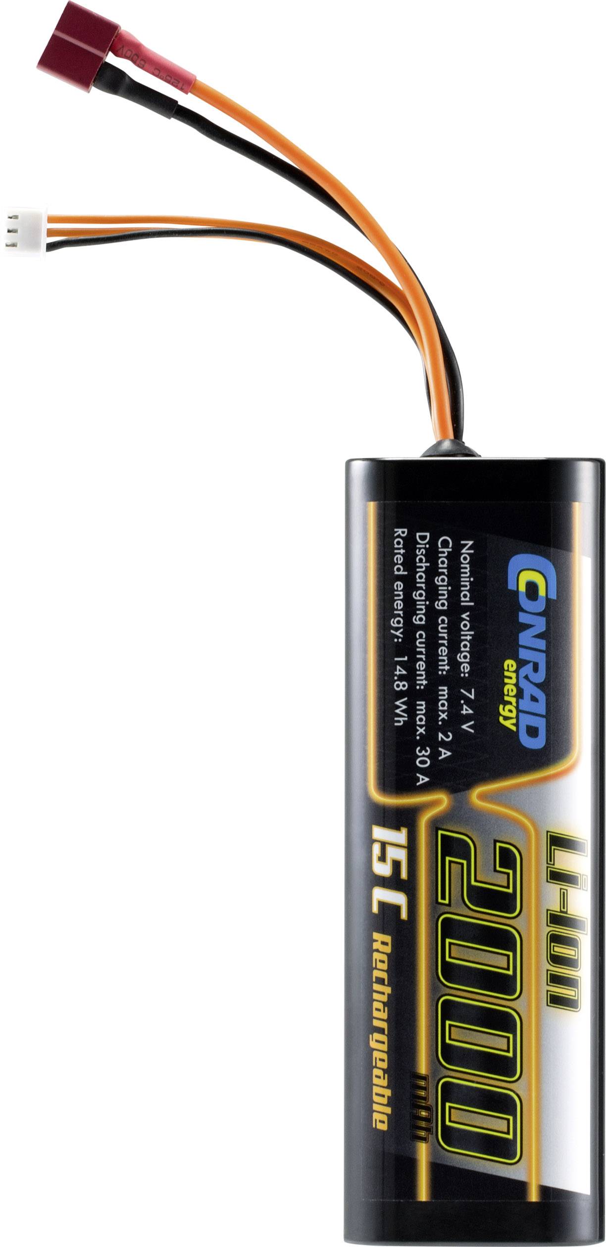 'Conrad Energy Li-Pol Battery, 7.4V, 2000mAh, 15C, rechargeable; suitable for RC models. Two connectors visible.'