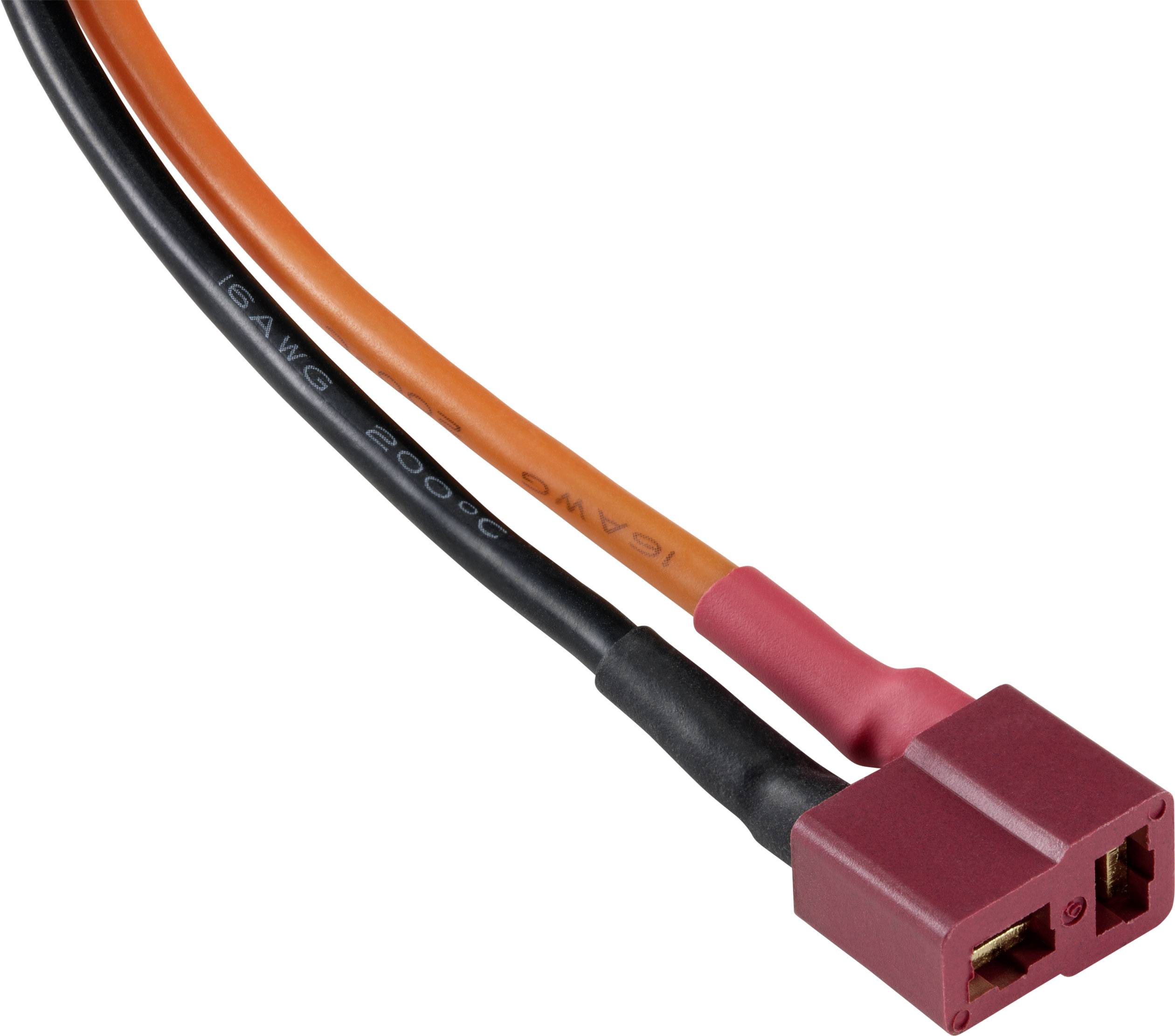 Close-up of a red and black cable with a plug, suitable for electrical connections. Text on cable: '16AWG 200°C'.